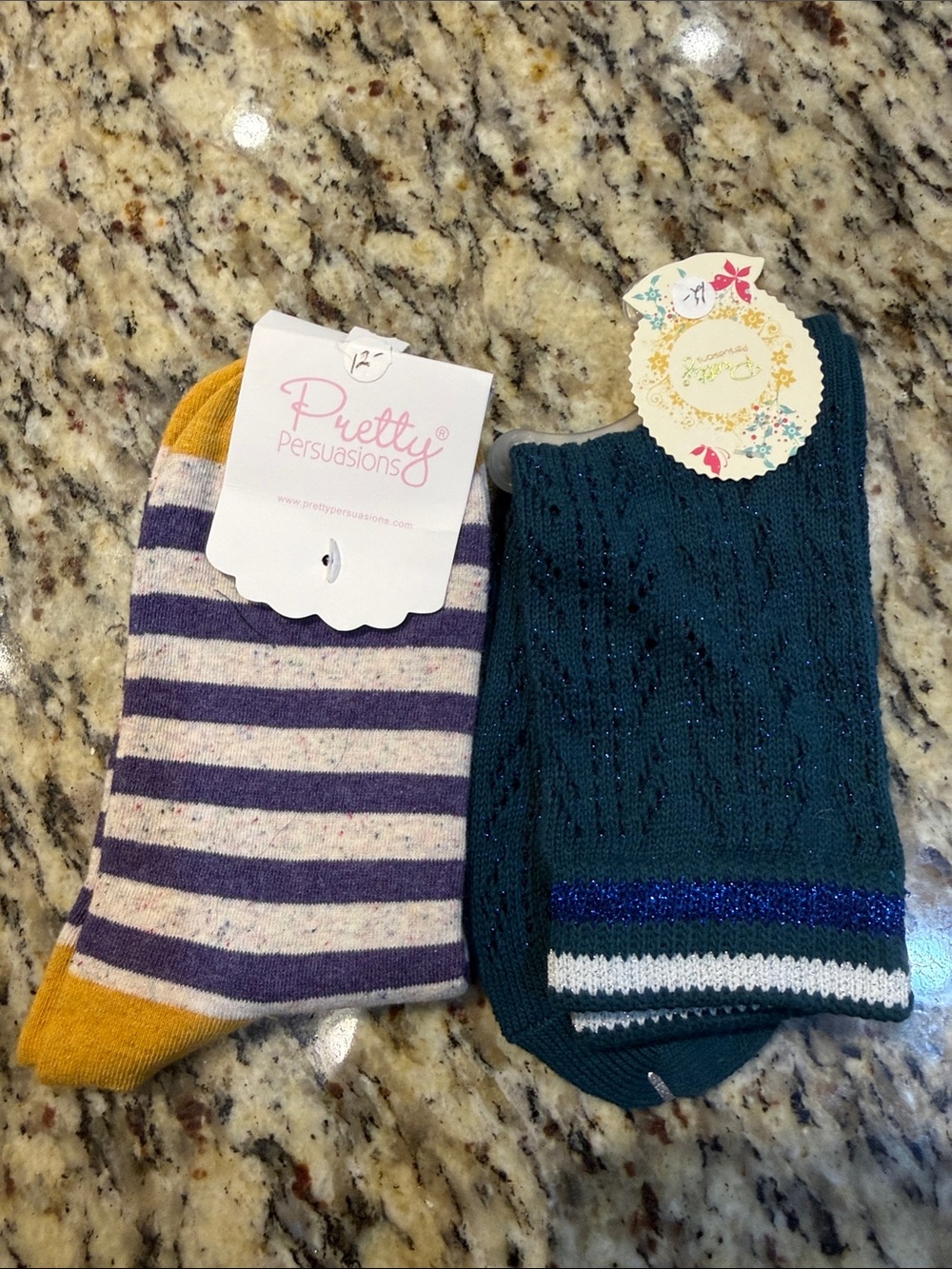 Pretty Persuasions Purple & Mustard Striped Socks with green  Knit Pair